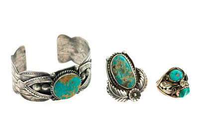 2 Navajo Sterling Silver Turquoise Rings & Zuni Cuff Bracelet. Cuff signed AA, possibly Art 