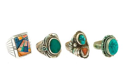 4 Sterling Silver Southwest Statement Rings. Includes turquoise and inlaid. Ring sizes 7.25 to 