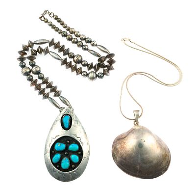 2 Sterling Silver Necklaces. Both marked. The sterling beaded and turquoise pendant necklace is 
