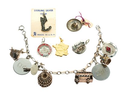 Charm Bracelet & 5 Loose Charms incl. Sterling Silver. Bracelet marked sterling. Four charms 
