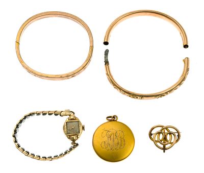 10K And 14K Gold Jewelry And Watch. Two bangles, one is rose gold filled and the second is 