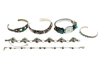 5 Sterling Silver Bracelets & Sterling Silver Watch. Bracelets measure 6-3/4" to 8" long, Total 