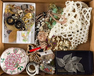 Vintage and Costume Jewelry incl. Joan Rivers. Box measures 13-1/2" wide x 16-1/2" long x 2-1/4" 