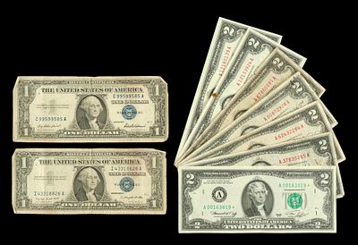 Silver Certificates $2 United States Red Seal Notes. 1976 Star Note $2 Federal Reserve Note, two 