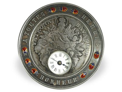 Table clock: very rare coin clock “Patrona Bavariae”, around 1900: Ca. Ø 57 mm, silver, maker's 