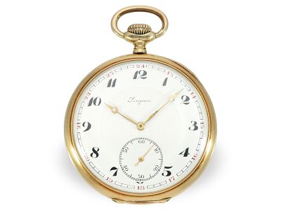 Pocket watch: Longines precision pocket watch with gold case, ca. 1915: Ca. Ø 49 mm, ca. 72 g 
