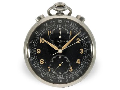 Pocket watch: highly attractive Lemania chronograph with black dial, 1930s: Ca. 47 mm in 