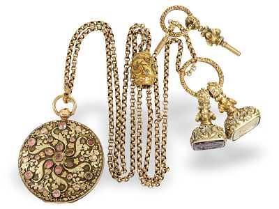 Pocket watch: very high-quality cylinder watch with topaz setting and watch chain, circa 1800: 