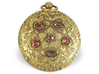Pocket watch: multicolored gold verge watch with extremely rare stone setting: “Pink Topaz” 
