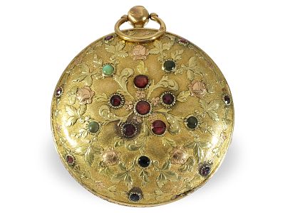 Pocket watch: attractive and rare 3-color verge watch with stone setting, circa 1800: Ca. Ø 