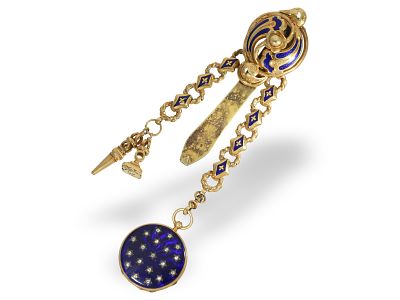 Pocket watch: Gold/enamel Lepine with diamond setting and original chatelaine, circa 1830: Ca. 