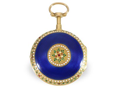 Pocket watch: double-cased verge watch, high-quality 18K gold/enamel watch, circa 1780: Ca. Ø 