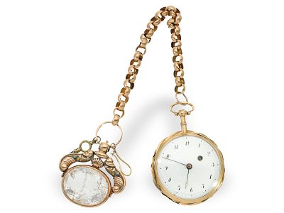 Pocket watch: large 18K verge watch with repeater, chain, and ceremonial key, Kleemann 