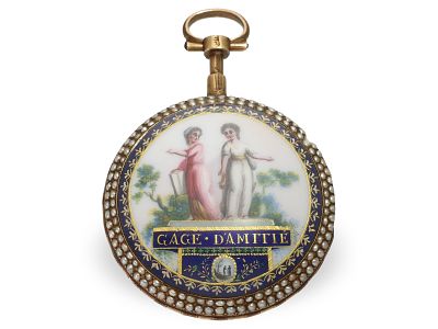 Pocket watch: very fine enamel watch with pearl setting, glazed on both sides, circa 1780: Ca. 