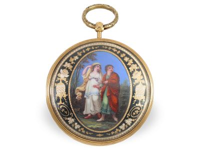 Pocket watch: attractive, large gold/enamel verge watch, very fine painting, Louis Duchene 