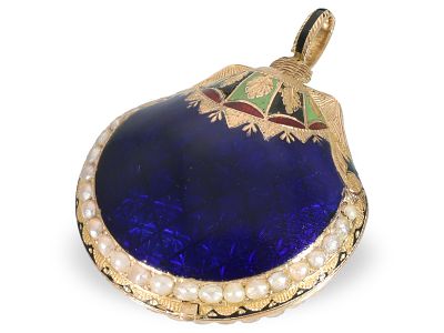 Pendant watch: fine and rare gold/enamel watch with oriental pearl setting, shell-shaped, circa 