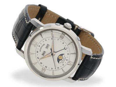 Wristwatch: large astronomical steel watch with triple calendar & moon phase, Keystone Ref. 602 