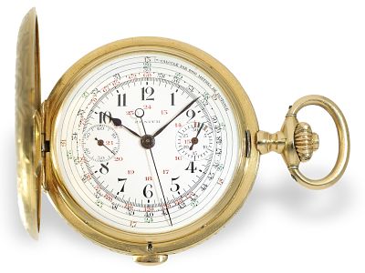 Pocket watch: very fine, extremely rare Art Nouveau hunting case pocket watch with chronograph 