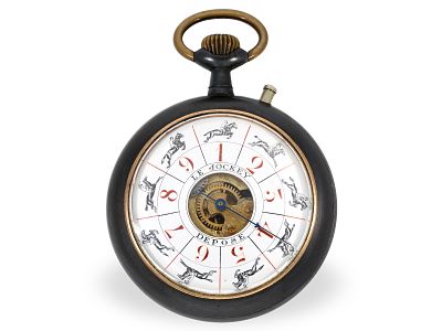 Pocket watch: rare ‘Le Jockey’ casino music box, France, ca. 1920: Ca. &Oslash;51mm, iron case 