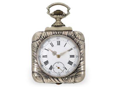 Rare square Neo-Renaissance pocket watch, circa 1890: Ca. 49 x 49 mm, ca. 128 g, silvered 