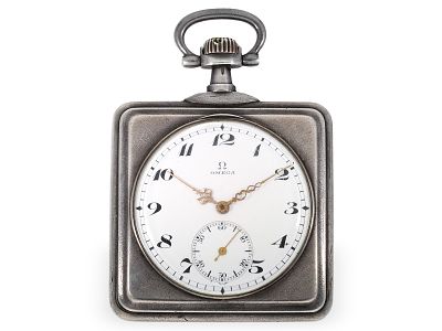 Pocket watch: rare, square Art Nouveau watch by Omega, circa 1900: Ca. 49 x 49 mm, silver 