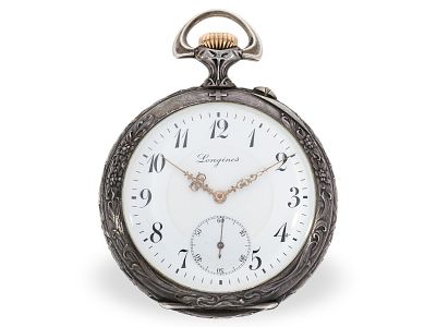 Pocket watch: rare Longines marksman's watch “Bern 1910”, Art Nouveau relief case: Ca. &Oslash;53mm 