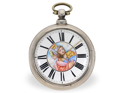 Pocket watch: extremely rare verge watch with a rotating enamel disc as an hour indicator above 