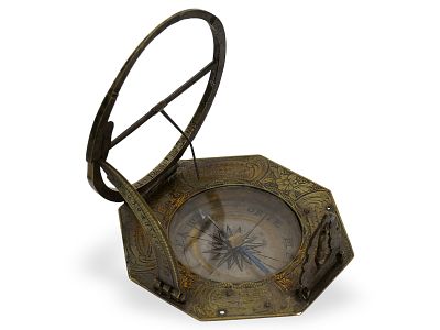 Equatorial travelling sundial, c. 1700, L Gr&auml;f/Graff, Augsburg: Ca. &Oslash; 70mm, octagonal, engraved 