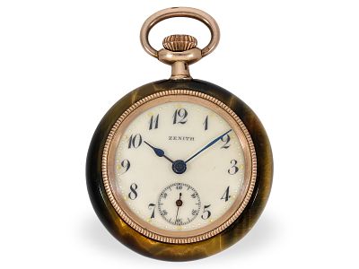 Pocket watch: extremely rare Zenith ladies’ watch with tiger’s eye case, ca. 1920: Ca. &Oslash; 32.5mm 