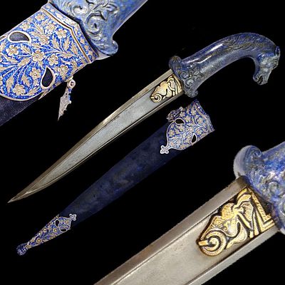A Rare Mughal Lapis lazuli hilted dagger with scabbard, decorated with enamel, India, 19th century.