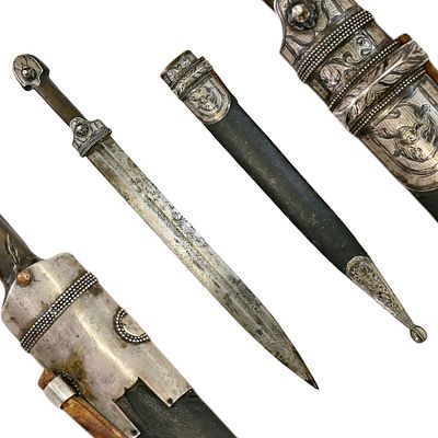 A Fine Caucasian Silver and Niello Mounted "Kama" Dagger, Russian Empire, 19th Century. Item 