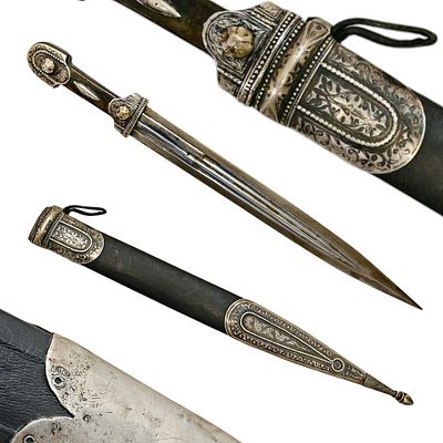 A Caucasian Dagger "KAMA" with scabbard, Silver and Niello, Russian Empire, Stamped "84", circa 