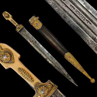 Rare richly decorated Caucasian dagger KAMA, Russian Empire, Dagestan, Osman Omarov, circa 1900. 