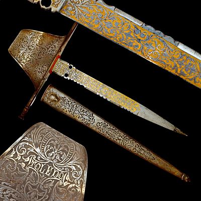 A Fine 19th-Century Spanish Toledo Left-Handed Parrying Dagger in 17th-Century Style. Item 