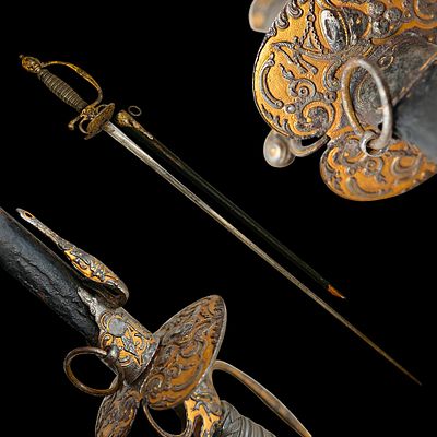 A Rare and Exceptionally Ornate French Gilt Small Sword with Scabbard, circa 1750-1780. Item 