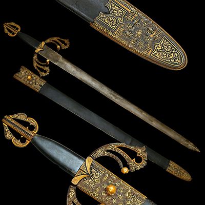 A Fine and Ornate 19th-Century Toledo Gold and Silver Inlaid Replica of the Legendary "Tizona" Sword