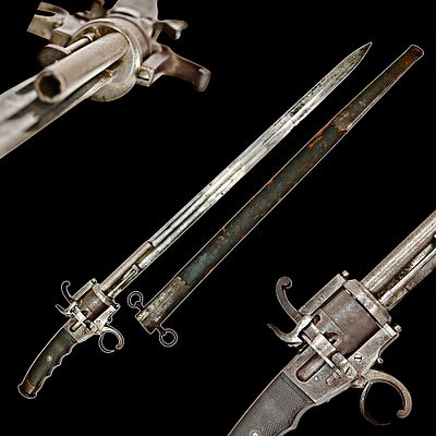 A Extra Rare Belgian Goossens Patent 9mm Pinfire Revolver-Hunting Sword, Circa 1870. 1. Item 