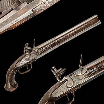 Very Rare, Rich Decorated, Turkish Flintlock Pistol with Two superposed Barrels, 18th C. Item 
