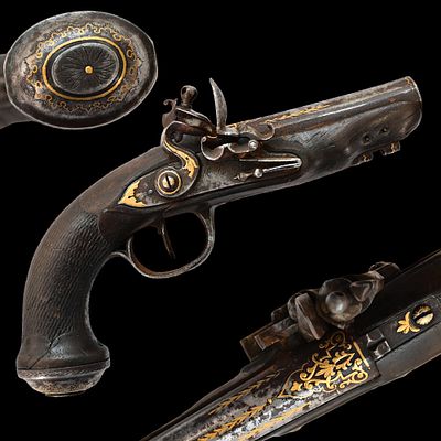 Flintlock pistol, inlaid with gold, Signature of master gunsmith M Burdykin, Russia Empire 