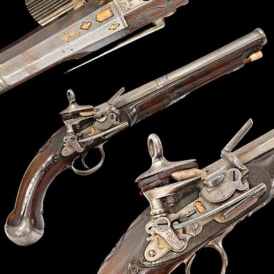 Rare, Large, Spanish Мiquelet Flintlock Pistol, engraved, gold inlay, 18th Century. Item 