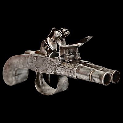 A Fine Early 19th Century English Double-Barrel Box-Lock Flintlock Pocket Pistol, Signed London. 