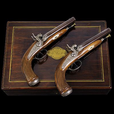 A Magnificent Cased Pair of Side-by-Side Percussion Pistols by Sebastian Alberdi, Eibar, Dated 1849.