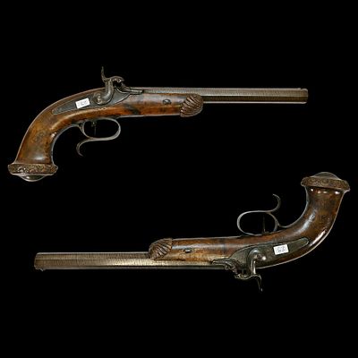 A Fine, Large Pair of European Percussion Target Pistols with Damascus Barrels, Circa 1850. Item 