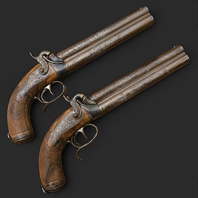 A Pair of French Percussion Pistols with Two Superposed Barrels, by Prebat, Paris, circa 1855. I 