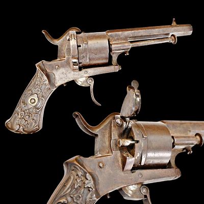 A Belgian 7mm Double-Action Pinfire Pocket Revolver, carved handle, Circa 1870. Item details 