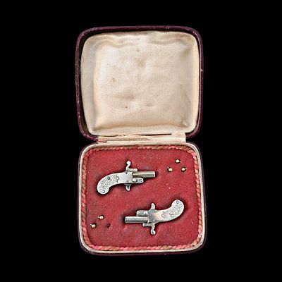 Cased with an unusual pair of miniature pinfire pistols, by the Maus company Germany, circa 1925. 