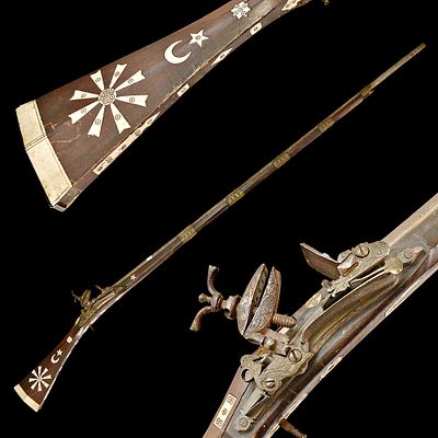 A 19th Century North African, Algeria, Miquelet-Lock Musket (Moukhala) with Inlaid Stock. Item 