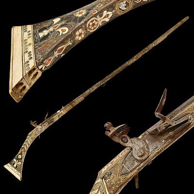 A Rare 19th Century Algerian Flint Lock Musket (Moukhala) with Inlaid Stock. Item details 