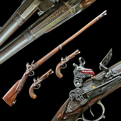 A Magnificent Neapolitan Gilt-Inlaid Flintlock Garniture of a Carbine and Matching Pistols 