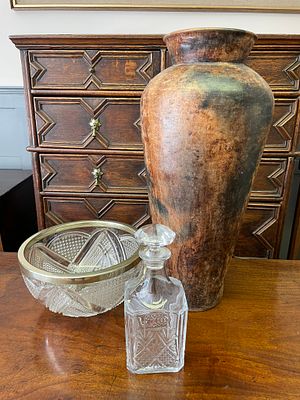 A Pottery Vase / Stick Stand, Decantor And Glass Bowl With Silver Plated Rim